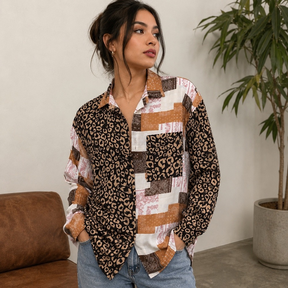 Mazik Mixed Print Leopard & Bandana Button-Up Shirt – Size Small